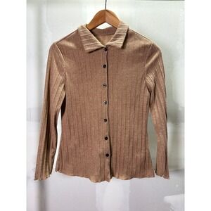 SHEIN Curve 0XL Rose Gold Metallic Ribbed Button Front Long Sleeve Top Shimmer